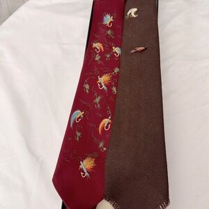 Vntg Men’s Neckties 2 Fishing Lure Ties Maroon & Brown Regal & Cape Cod Weavers